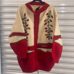 Stradoma Red & Beige Hand-Knitted Wool Cardigan XL